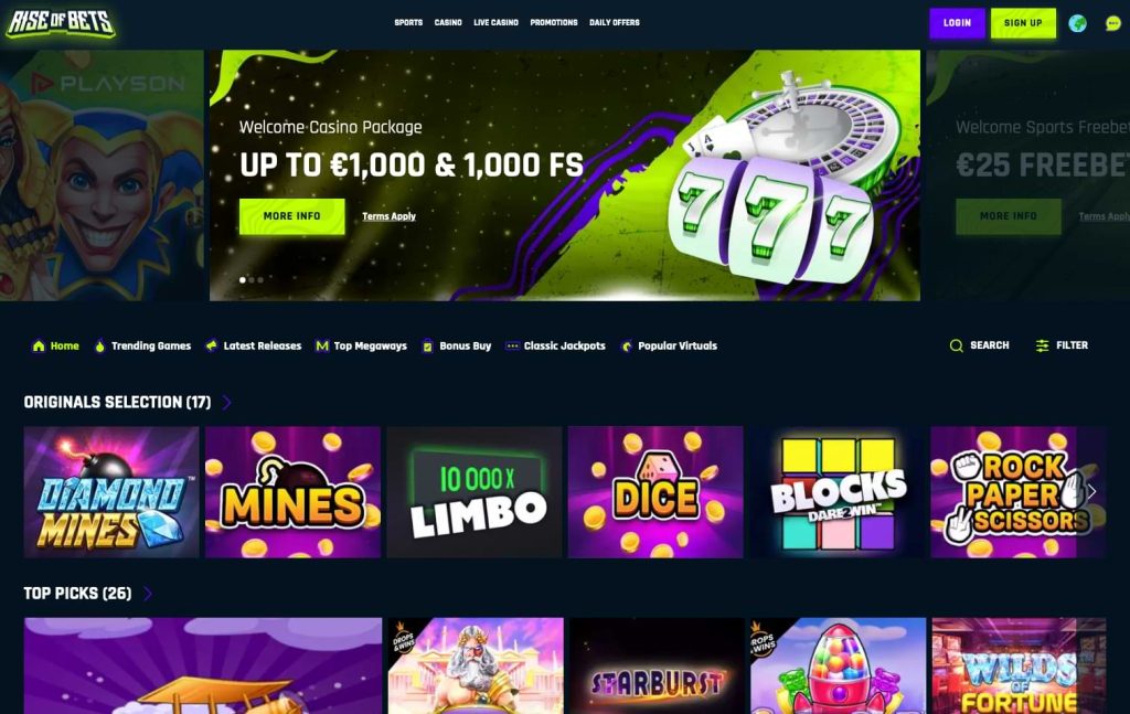 Rise of Bets casino homepage