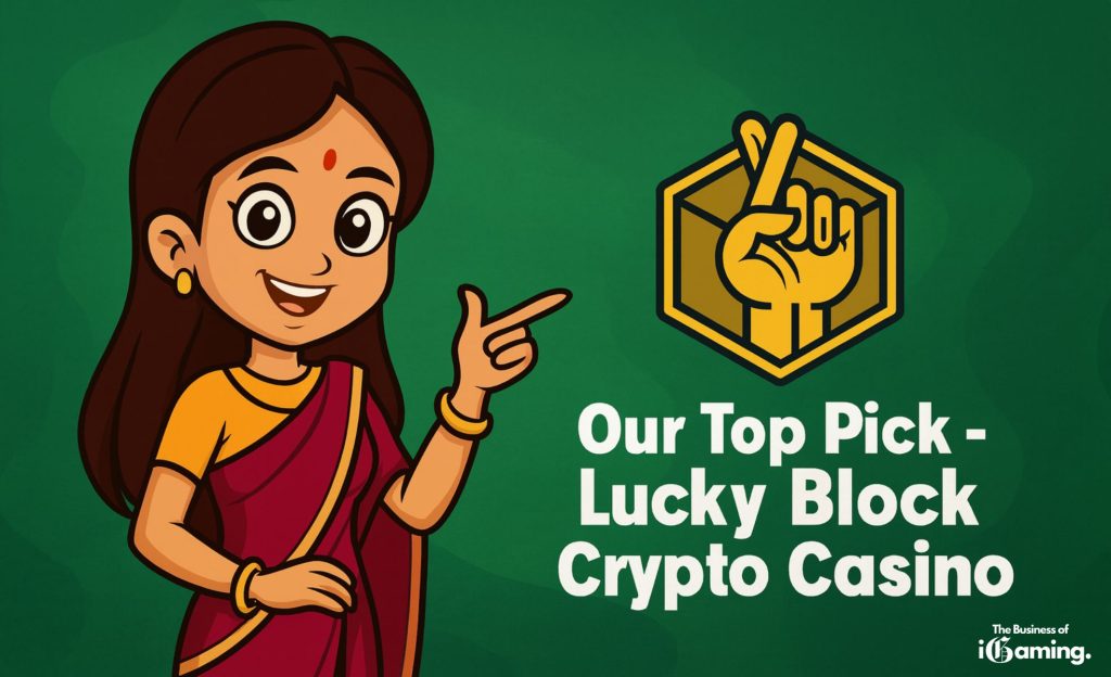 Indian Chota Bheem style woman promoting Lucky Block Crypto Casino. The text reads Our Top Pick - Lucky Block Crypto Casino
