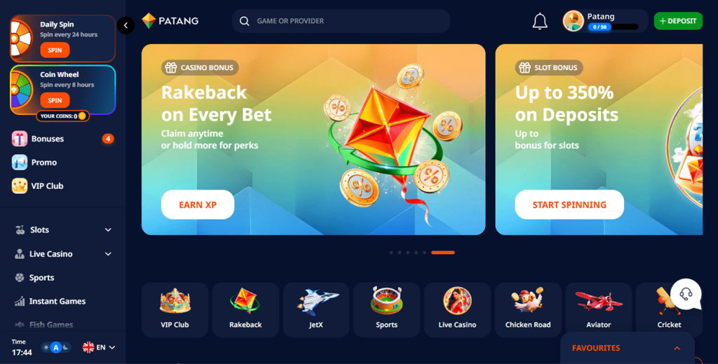 Patang Casino homepage
