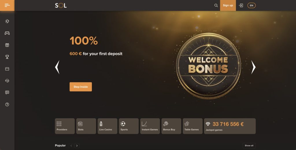 SOL casino homepage